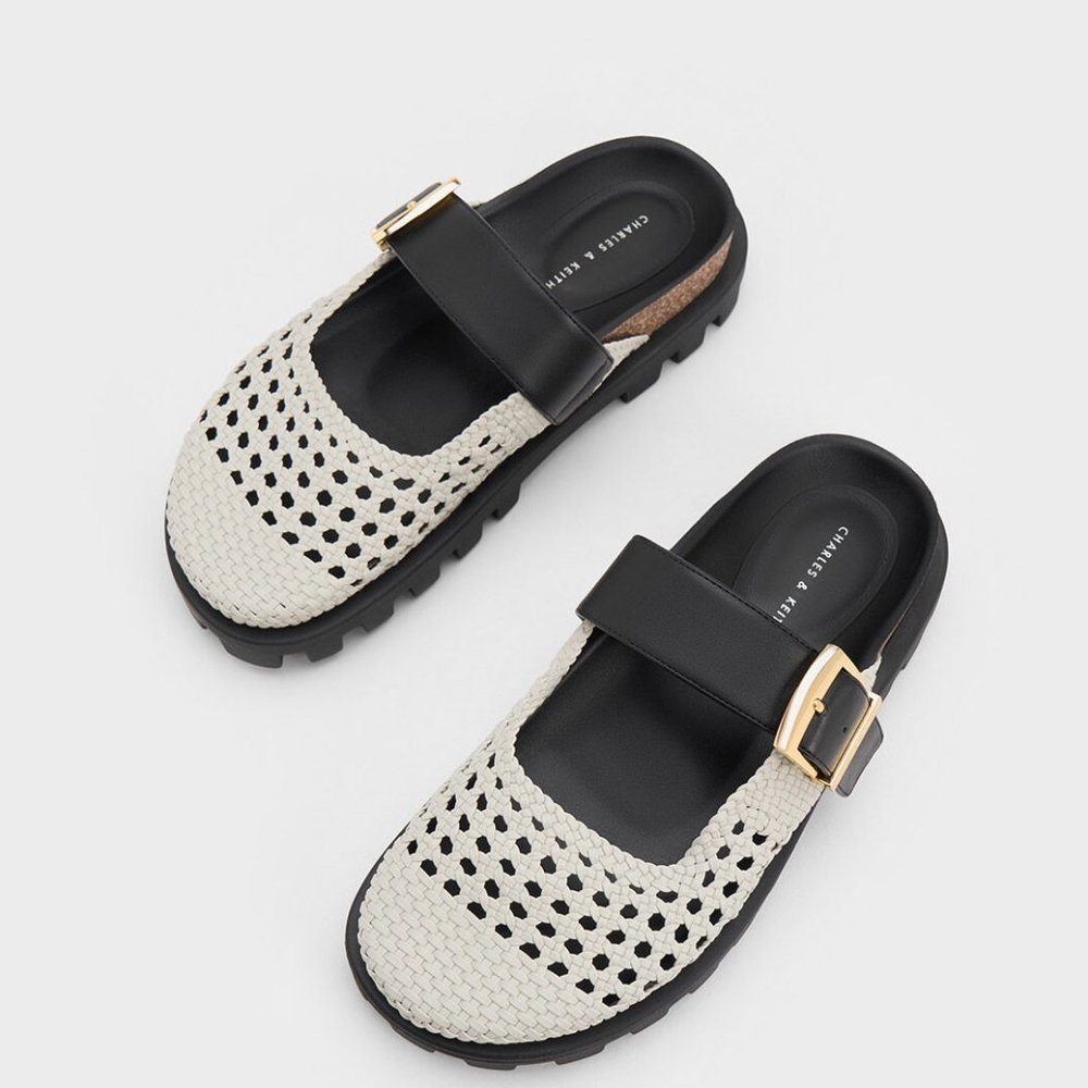 Charles & Keith Woven Buckled Flat Mules, White